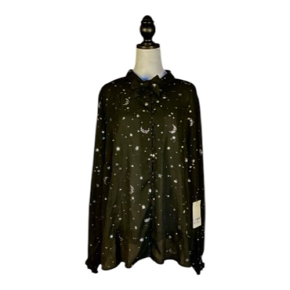 Unique Vintage NWT Black & Silver Star Moon Foil Print Bow Long Sleeve Top 4X - Picture 2 of 8